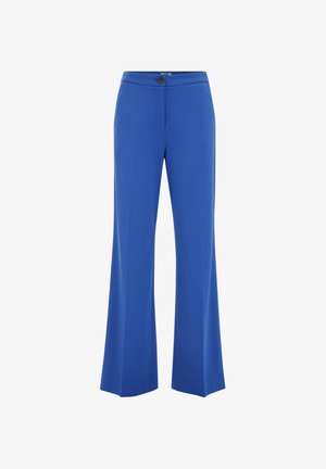 Sinised kõrge vöökohaga naistepüksid sirgete säärtega, nööpidega kinnitusega ja peidetud lukuvarrukaga, nähtavate taskuteta, valgel taustal.