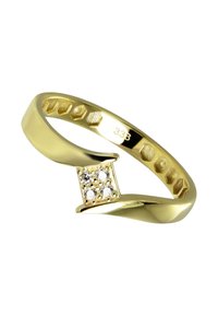 Bague en or avec un centre carré orné de quatre petits diamants, design de bande lisse, et accents texturés sur la surface intérieure.