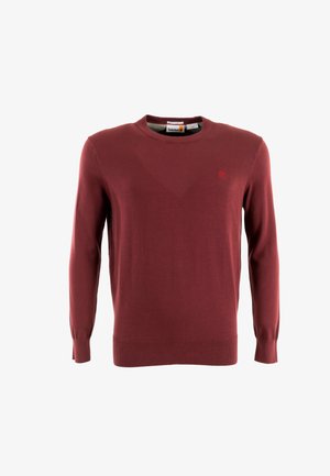 Bordeaux gebreide trui met een ronde hals en lange mouwen. Kenmerkt zich door ribgebreide manchetten en zoom, met een klein logo op de borst. Soepele textuur.
