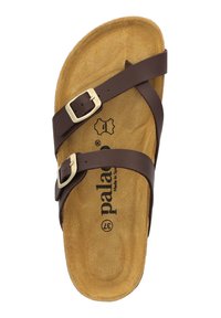 Brown leather sandal with two adjustable straps, metal buckles, and a tan cushioned footbed. Printed logo on insole.