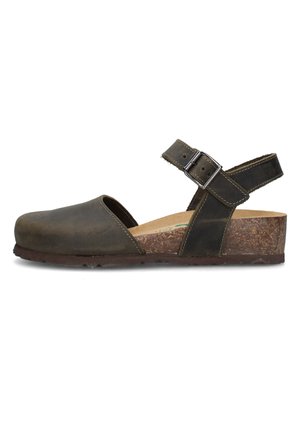 Sandalo in pelle marrone scuro con retro aperto, punta chiusa, cinturino regolabile alla caviglia con fibbia metallica e suola con zeppa in sughero.