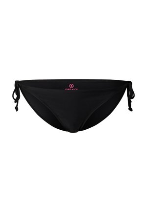 Black bikini bottoms with side ties and a small pink logo at the center waistband.