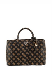 Sac à main synthétique noir avec un motif marron, deux poignées, un accent de logo triangulaire et un porte-clés à pompon décoratif.