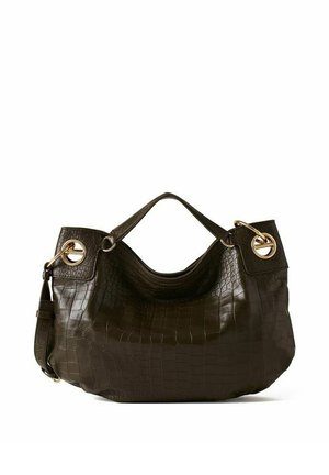 Borsa a mano in pelle marrone scuro con texture effetto coccodrillo, dettagli in metallo dorato a forma di anello, manico singolo superiore e tracolla removibile.