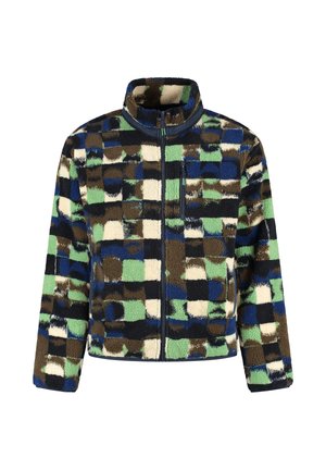 Fleecejack met een patchworkpatroon met groene, blauwe, bruine en crèmekleurige vierkanten. Hoge kraag, volledige rits aan de voorkant en textuurstof.
