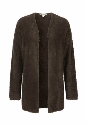 Dunkelbraune, langärmlige Strickjacke aus weichem, strukturiertem Stoff mit offener Vorderseite und ohne Verschlüsse. Hat eine lockere Passform und minimale Nähte.