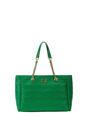 Grüne Leder-Shopper-Tasche mit goldenen Kettengriffen und geprägtem geometrischem Muster, mit einem goldenen "1969 V Italia"-Logo in der vorderen Mitte.