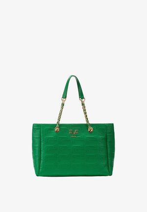 Sac fourre-tout en cuir vert avec poignées en chaîne dorée et motif géométrique en relief, arborant un logo doré "1969 V Italia" au centre avant.