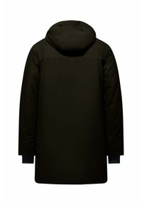 Lang zwarte capuchonjas met een soepele, matte afwerking. Heeft een eenvoudig ontwerp, verlengde lengte en blauwe accenten op de manchetten van de mouwen.