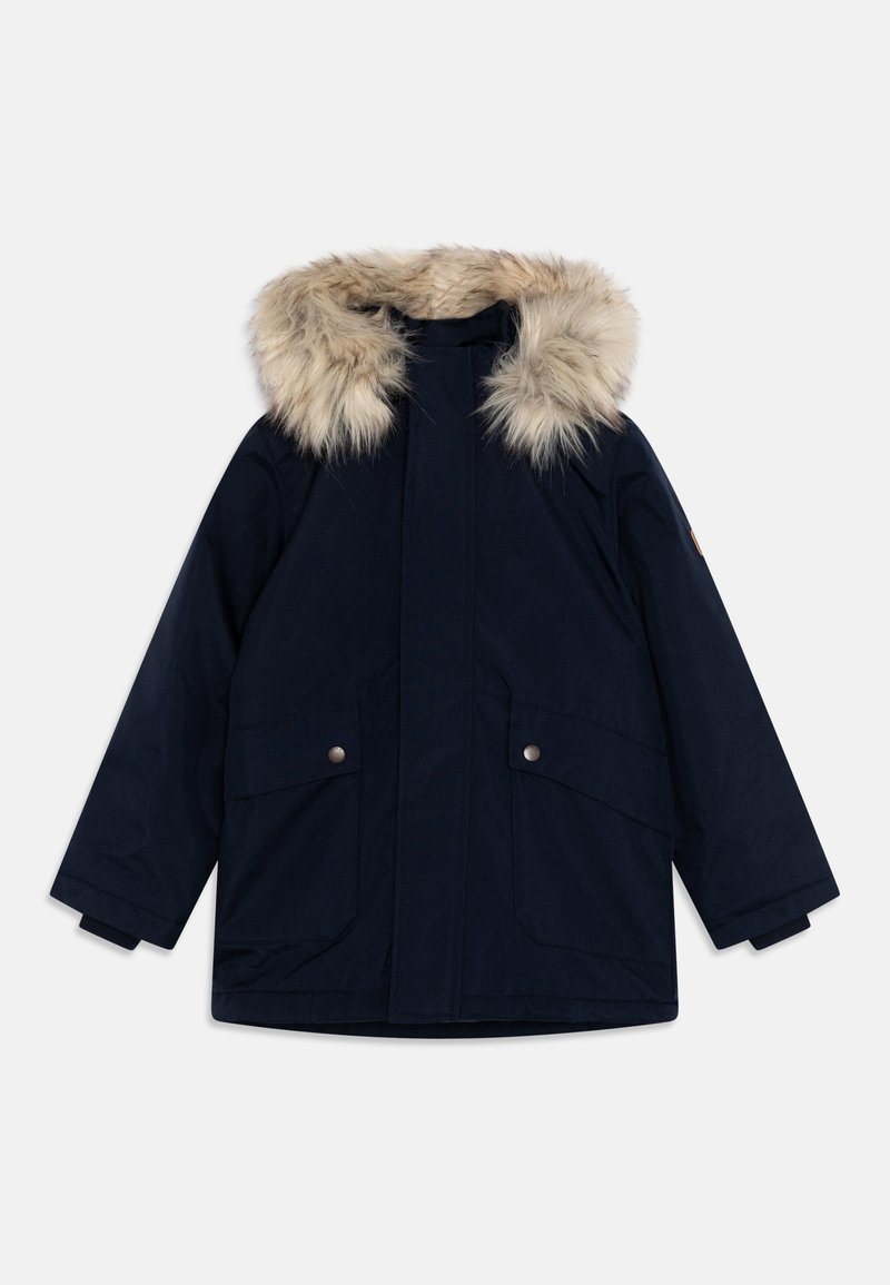 Ναυτική παρκά με κουκούλα επενδυμένη με συνθετική γούνα, διαθέτοντας δύο μπροστινές τσέπες, κλείσιμο με κουμπιά και ριμπ μανσέτες για επιπλέον μόνωση.