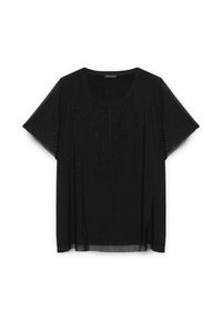 Blusa nera a maniche corte in tessuto trasparente con motivo a pois verticali, scollatura rotonda e vestibilità ampia.