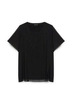 Blusa negra de manga corta con tejido translúcido y patrón de puntos verticales, escote redondo y corte holgado.
