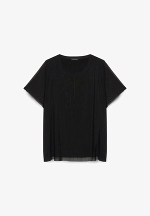 Black short-sleeve blouse with sheer fabric and vertical dotted pattern, round neckline, and loose fit.