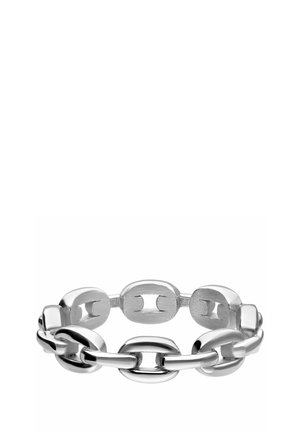 Silver chain-link bracelet with alternating smooth oval and rectangular links, polished and reflective, isolated on a white background.
