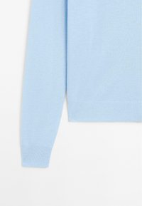 Light blue knitted sweater featuring a round neckline, long sleeves, and ribbed detailing at the cuffs and hem. Soft texture, no patterns.