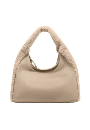 Beige handbag with a soft, textured shearling trim. Features a rounded handle and a structured shape, suitable for everyday use.
