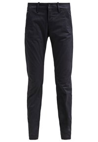 Pantalon noir slim avec passants de ceinture, bouton à l'avant et fermeture éclair, présenté sur fond blanc.