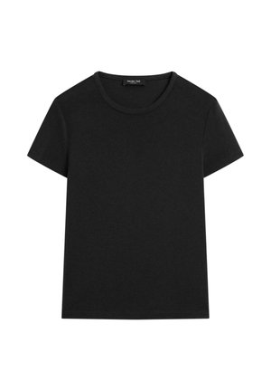 T-shirt en coton noir avec col rond et manches courtes. Design simple, longueur courte, texture douce, sans motifs ni accents visibles.