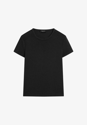 T-shirt en coton noir avec col rond et manches courtes. Design simple, longueur courte, texture douce, sans motifs ni accents visibles.