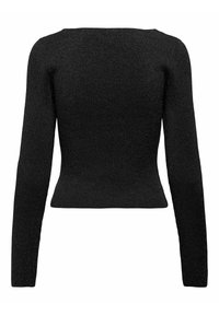 Maglione nero a coste con maniche lunghe, design crop e superficie testurizzata. La vista posteriore mostra una silhouette semplice e aderente.