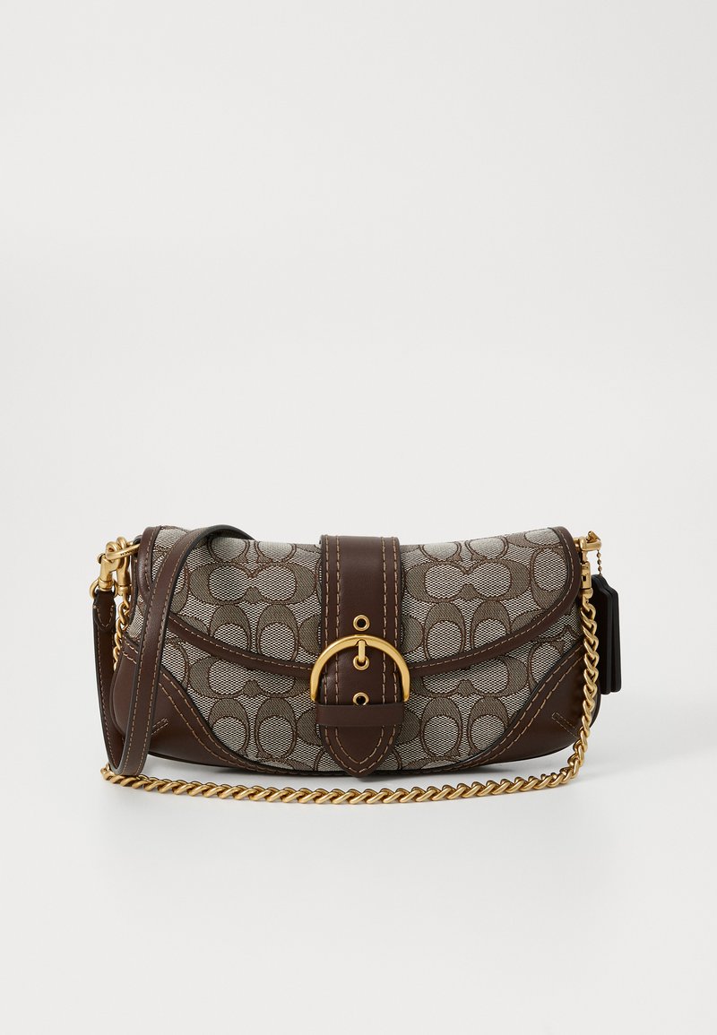 Brown and beige patterned shoulder bag with gold chain strap, leather buckle strap, and rounded flap closure on a white background.