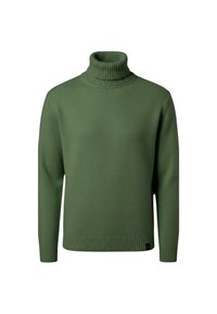 Maglione a collo alto verde realizzato in morbido tessuto a maglia, caratterizzato da dettagli a coste su collo e orlo, con una vestibilità comoda e maniche lunghe.