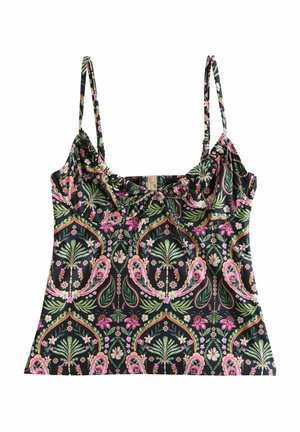 Svart ärmlös topp med en samlad halsringning, med ett blommigt och botaniskt mönster i rosa, grönt och krämfärgat. Lättviktig tyg.