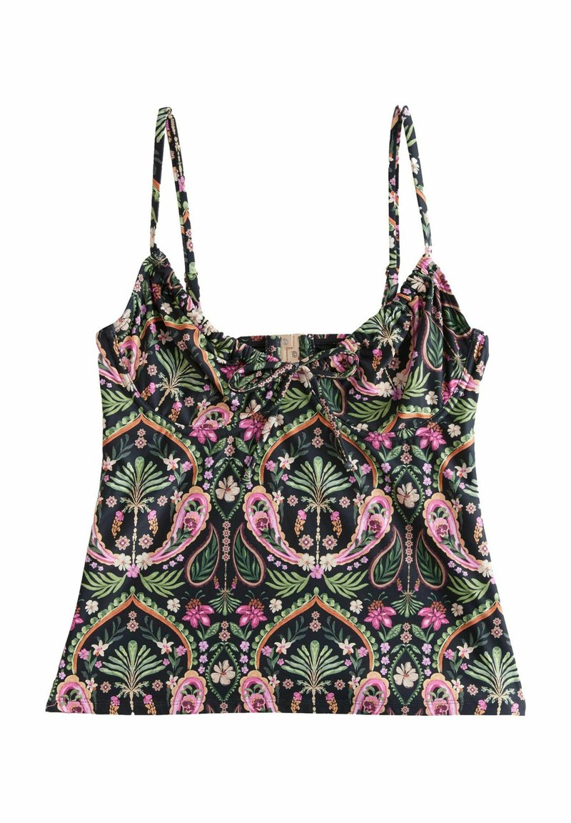 Svart ärmlös topp med en samlad halsringning, med ett blommigt och botaniskt mönster i rosa, grönt och krämfärgat. Lättviktig tyg.