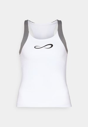 Débardeur de sport blanc avec des accents en maille noire sur les épaules et un logo infini noir à l'avant. Tissu lisse, design ajusté.