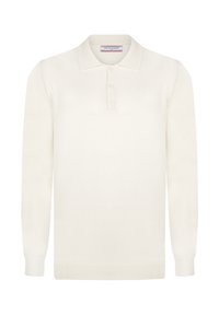 Długo-sleeve polo w kolorze off-white, wykonane z miękkiego materiału, z klasycznym kołnierzykiem, zapięciem na trzy guziki oraz ściągaczami na mankietach i u dołu.