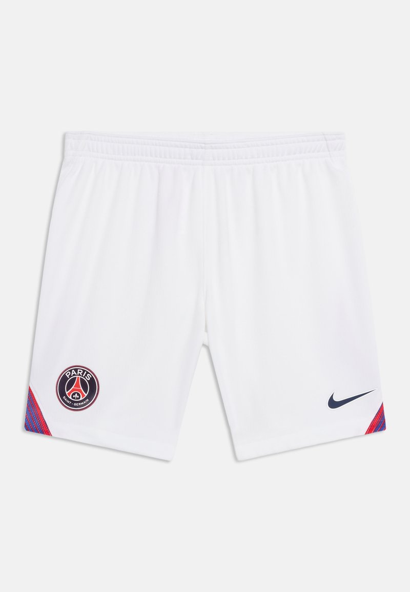 Άσπρα ποδοσφαιρικά σορτς Paris Saint-Germain με κόκκινες και μπλε πλευρικές λεπτομέρειες και μαύρο λογότυπο Nike μπροστά.