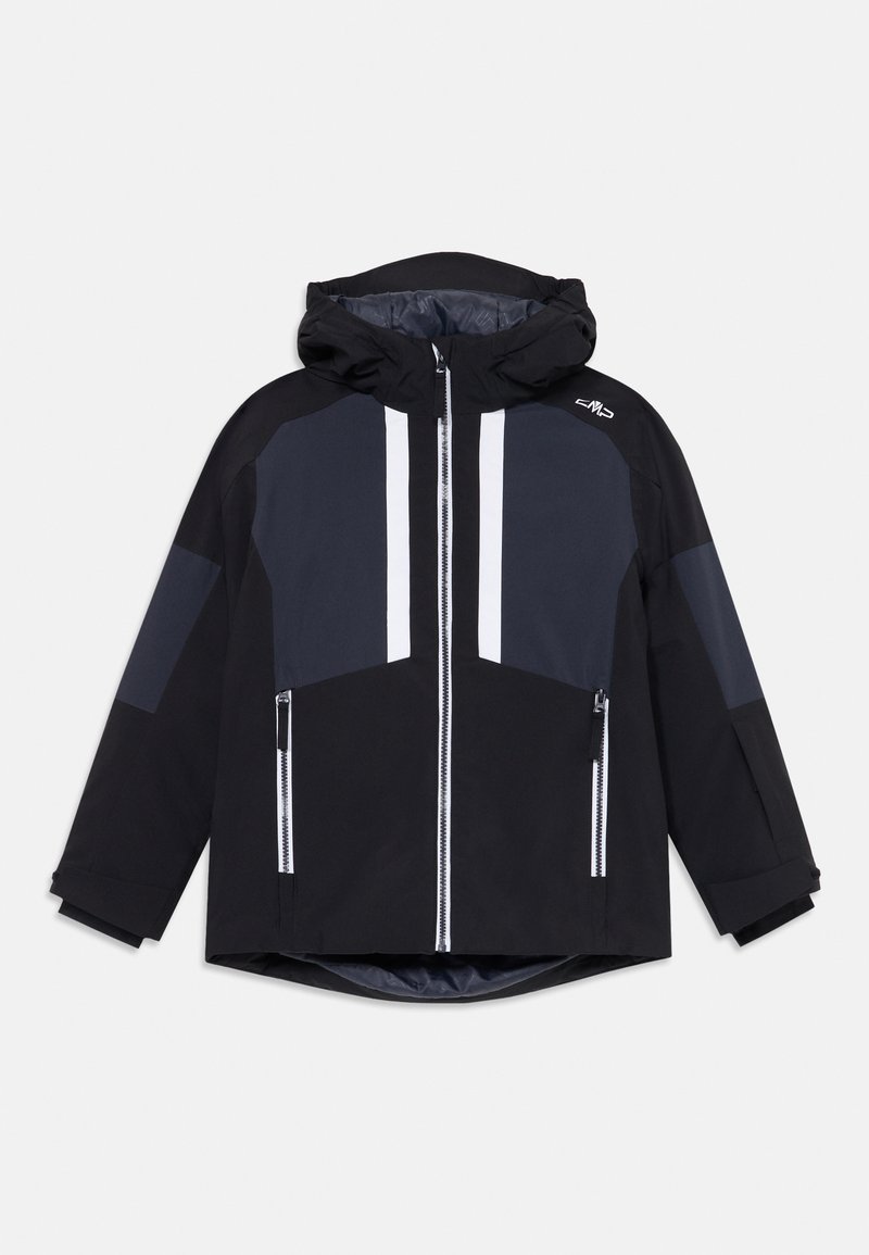 Casaco à prova de água, em preto e cinza, com capuz, featuring riscas brancas, fecho éclair frontal e bolsos laterais, com um acabamento liso e ligeiramente texturizado.