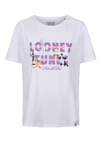 Bílá bavlněná tričko s nápisem "LOONEY TUNES" v purpurových písmenech, kde jsou vyobrazeny kreslené postavičky a pod tím je nápis "To je vše, přátelé!".