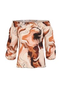 Blusa off-the-shoulder in tessuto leggero con un motivo astratto vorticoso in tonalità di marrone, crema e nero; presenta polsini elasticizzati.