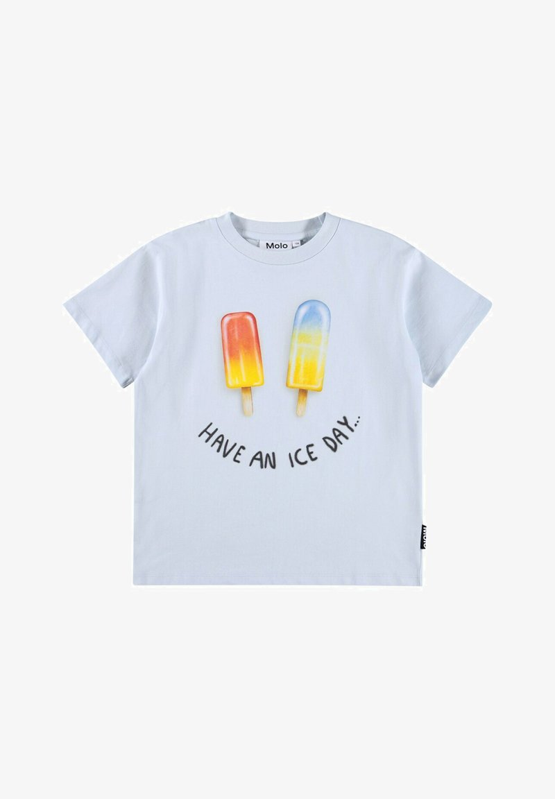 Camiseta blanca de algodón con un gráfico de dos polos de colores y el texto "TEN UN DÍA HELADO..." en un semicírculo debajo.