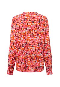 Blusa a maniche lunghe con scollatura rotonda, caratterizzata da un vivace motivo astratto a pois nei toni del rosa, arancione, rosso e marrone scuro.