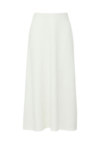 Jupe blanche mi-longue en tissu lisse avec une taille cintrée et un bas évasé, présentant des lignes épurées et sans motifs ni embellissements visibles.