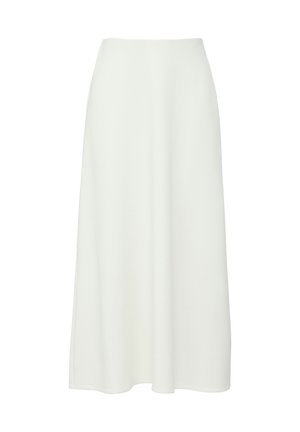 Weiße, knielange Rock aus glattem Stoff mit taillierter Taille und ausgestellt geschnittenem Saum, der klare Linien und keine sichtbaren Muster oder Beschläge aufweist.
