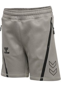 Grau sportliche Shorts aus strukturiertem Material, mit Reißverschlusstaschen, einem Kordelzug am Bund und schwarzen Chevron-Akzenten an den Seiten.