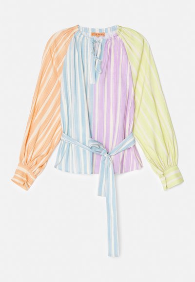 Striped blouse with long sleeves in orange, blue, purple, and green. Features a tie at the waist and gathered details around the neckline.