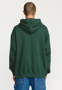 Sudadera con capucha verde de corte relajado, hecha de material suave. Presenta puños y dobladillo acanalados, y un bolsillo tipo canguro.