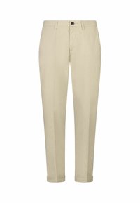 Pantalones beige ajustados con una textura suave, que presentan un cierre de un solo botón, lazos para cinturón y puños enrollados.