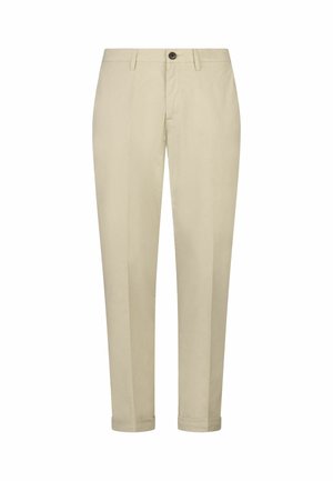 Beige maßgeschneiderte Hosen mit glatter Textur, mit einem einzigen Knopfverschluss, Gürtelschlaufen und hochgekrempelten Säumen.