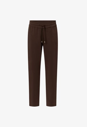 Dunkelbraune Slim-Fit-Sweatpants mit elastischem Bund und Kordelzug, mit dezenter Logo-Stickerei am linken Oberschenkel.