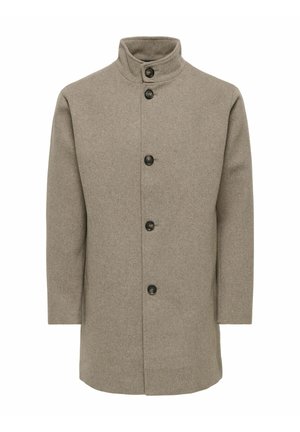 Cappotto in lana beige con colletto alto, chiusura frontale a un petto, sei bottoni neri e design dritto. Texture liscia e stile classico.