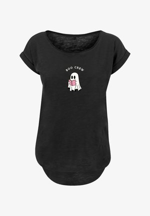Black t-shirt with rolled sleeves featuring a ghost graphic holding a pink book and the text "BOO CREW" above the design.