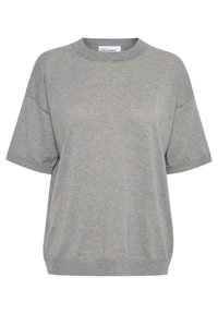 Lysegrå kortærmet t-shirt lavet af blødt stof, med rund halsudskæring og afslappet pasform, samt en let buet kant.
