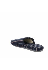 Pantofole blu navy senza lacci con motivo a strisce in rosso e bianco, upper in tessuto morbido, soletta imbottita e suola in gomma grigia.