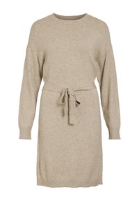 Beige stickad klänning med långa ärmar, rund hals och ett knytbälte i midjan. Har ribbade manschetter och nederkant för texturkontrast.