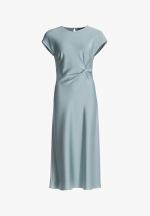 Himmelblaues, knielanges Kleid aus glattem Stoff. Verfügt über einen runden Halsausschnitt, kurze Kappenärmel und eine Frontknotendetail.
